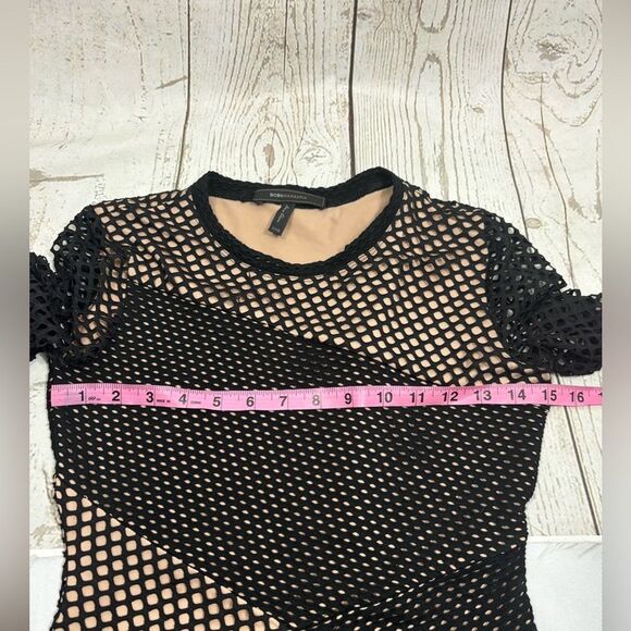 BCBGMAXAZRIA Asymmetrical Mesh Body-Con Dress Black Nude - Picture 7 of 11